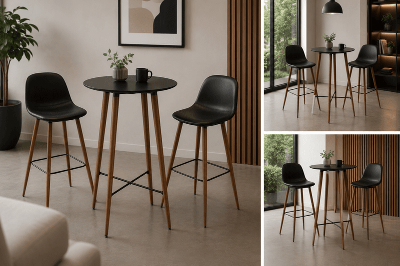 Pakkedeal 2 stk Lejone Barstol, sort skinn med ståbord Ø:70cm, sort
